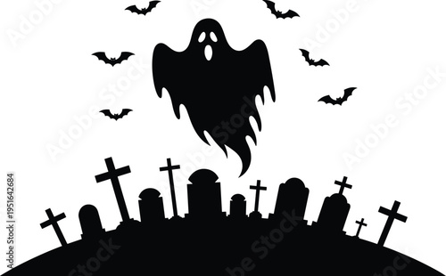 Spooky graveyard ghost bats silhouette vector illustration design, Halloween horror supernatural art concept, black and white decorative creative collection