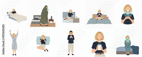 Flat Style Woman Routine Activity Set Illustration in Bedroom Poses