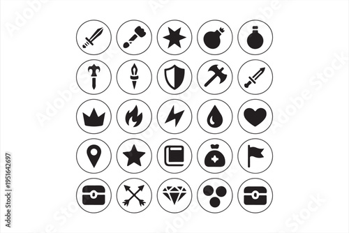 Medieval fantasy icon pack with swords shields potions and treasure elements