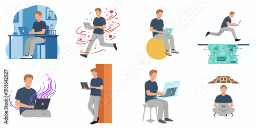 Flat Illustration Various Poses Man Using Laptop for Different Activity