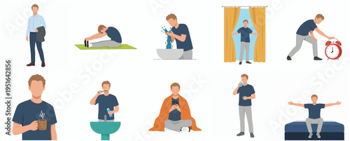 Flat Illustration of Man in Different Daily Routine Activity Scenes