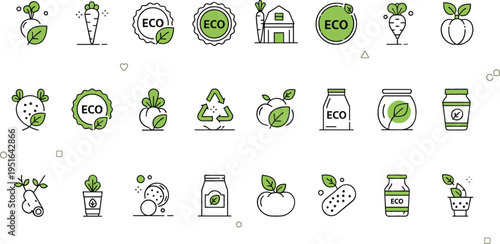 Eco food and organic farming icons vector illustration set with vegetables, recycling symbols and sustainable agriculture elements in minimal line style