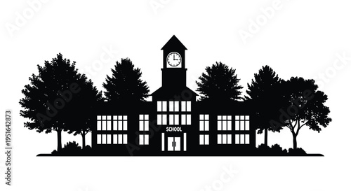 A striking black silhouette depicts a classic schoolhouse with a clock tower framed by trees silhouette high quality professional detailed modern
