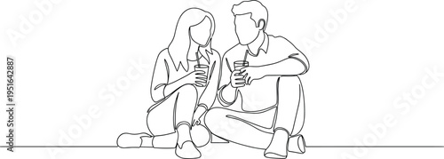 Continuous line art people drinking silhouette vector illustration design, minimalist lifestyle intimacy connection art concept, black and white decorative creative collectionContinuous line