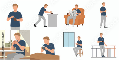 Simple Flat Illustration of Man in Different Poses Activities Lifestyle