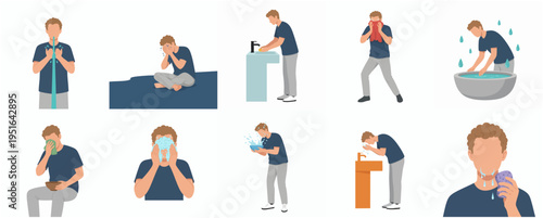 Flat Illustration Man Performing Islamic Ablution Ritual Sequence Set of Actions