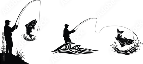 Fishing action silhouette vector illustration design graphic, outdoor recreation adventure hobby art concept, black and white decorative creative collection