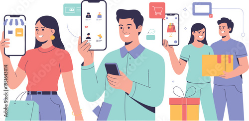 People showcasing a modern interface design on their mobile devices in a lifestyle setting with gifts