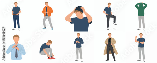 Minimalist Flat Men Characters Doing Various Activities and Wearing Different Outfits