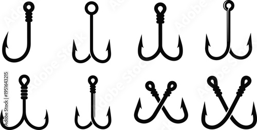 Fishing hooks silhouette vector illustration design graphic, outdoor recreation tackle equipment art concept, black and white decorative creative collection