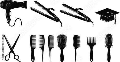 Hair salon tools icon set hairdryer scissors comb brush straightener barber equipment stylist collection isolated vector illustration