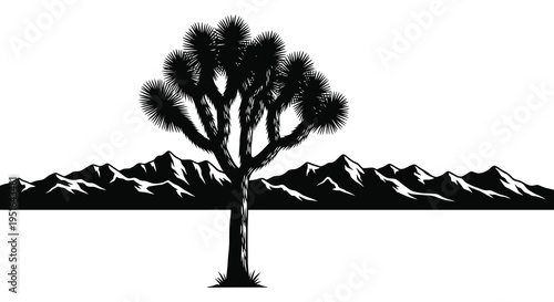 A striking black and white illustration depicts a lone yucca tree against a mountainous backdrop a bold silhouette high quality professional