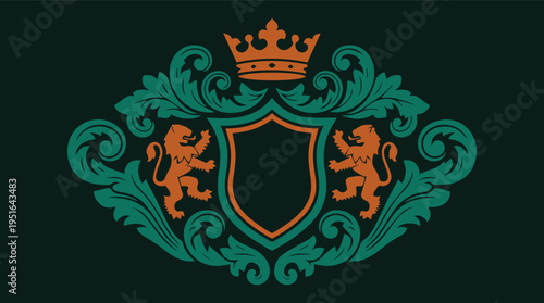 Premium heraldic crest  with elegant shields, crowns, lions, and ornamental flourishes, crafted for luxury branding, wine labels, wedding logos, certificates, badges, and high-end business.