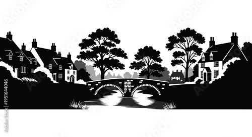 A charming black and white village scene with a stone bridge and trees presented as a silhouette high quality professional detailed