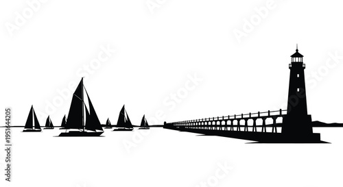 A striking black and white scene of sailboats near a lighthouse and pier rendered as a bold silhouette high quality professional