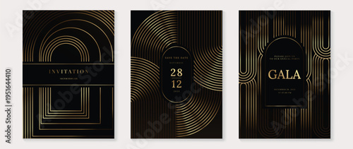 Art deco wedding invitation card vector. Luxury classic antique cards design for VIP invite, Gatsby invitation gold, Fancy party event, Save the date card and Thank you card. Vector illustration