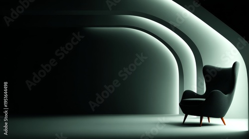 A minimalist chair, softly lit amid darkness, produces a serene and hospitable environment perfect for rest