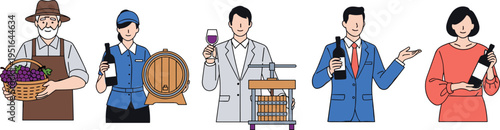 Flat vector illustration set of winemaking professionals including grape harvester, winery worker with barrel, sommelier tasting red wine, and wine salesman 