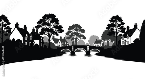 A picturesque village scene with quaint houses a stone bridge and lush trees rendered as a striking silhouette high quality professional