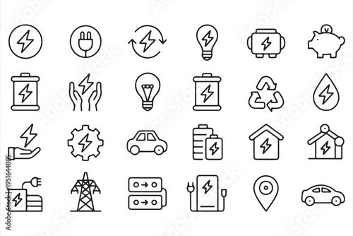 Collection of power and energy icons for electric vehicle charging and sustainability concepts