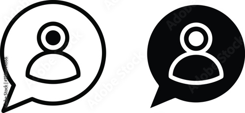 Two simple black and white icons of people talking to each other