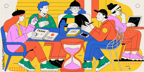 Creative diverse team at business meeting with large hourglass. Vector illustration of time management, project deadline, brainstorming and teamwork concept.
