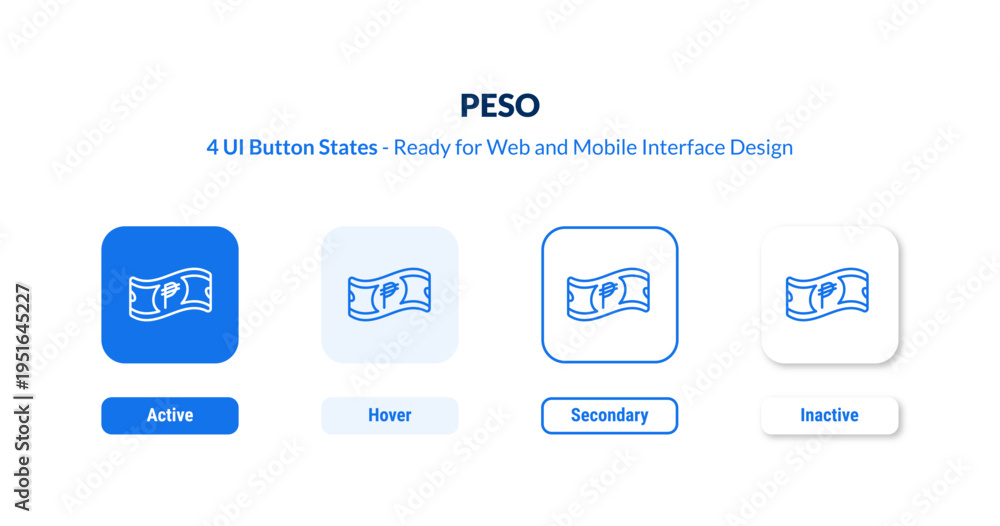 Obraz premium peso UI button states set. Outline icon kit from cryptocurrency collection. Thin linear peso, cash, money editable vector. Line vector peso sign for web and mobile interface