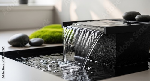 Modern indoor water feature with flowing water and decorative elements