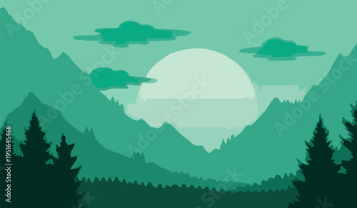 Green misty mountain forest silhouette vector