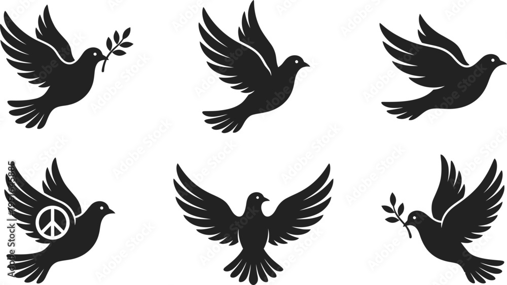 Fototapeta premium Peace Dove Silhouette Vector Set | Flying Bird Freedom Symbol Flat Illustration
