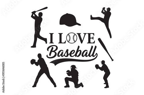 A collection of baseball silhouettes and the phrase i love baseball