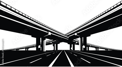 A striking black and white image of converging highway overpasses against a bright sky creating a bold silhouette high quality professional detailed modern