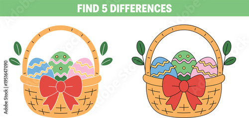 Easter find five differences visual puzzle game for kids featuring colorful decorated eggs in a basket with red bow,