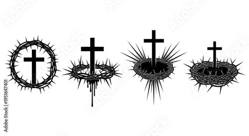 Christianity symbols Crosses and crown of thorns, religious icons representing sacrifice, faith, and redemption