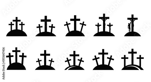 Vector silhouettes of three crosses on a hill, symbolizing faith, sacrifice, and the Christian message. Ideal for religious graphic design elements and spiritual themes
