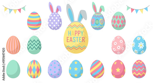 A vibrant collection of colorful and decorative Easter eggs, some featuring playful bunny ears, adorning a white background with festive bunting