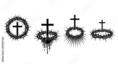 Collection of four Christian crosses adorned with thorns and dripping effects, symbolizing sacrifice and redemption