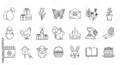 Collection of Outline Line Art Icons for Easter Holiday Celebration and Spring Season Concepts, Featuring Traditional Symbols and Festive Elements