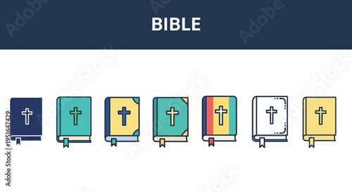 A comprehensive vector icon set showcasing sacred religious Bibles in various stylized designs, including outline and filled versions, perfect for spiritual and educational themes