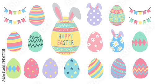 Adorable assortment of patterned Easter eggs and cheerful holiday bunting for delightful spring festivities and creative graphic designs
