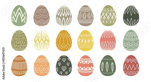 A charming collection of vibrantly colored Easter eggs, each adorned with unique intricate patterns and diverse decorative motifs, ideal for spring celebrations and festive seasonal decor