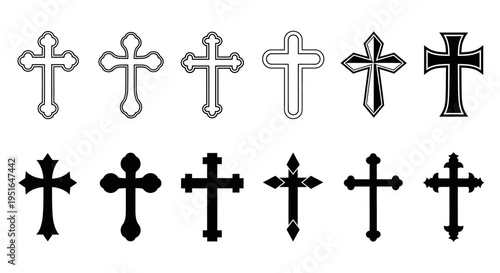 Collection of various black and white Christian cross symbols, isolated on a white background, representing faith and spirituality