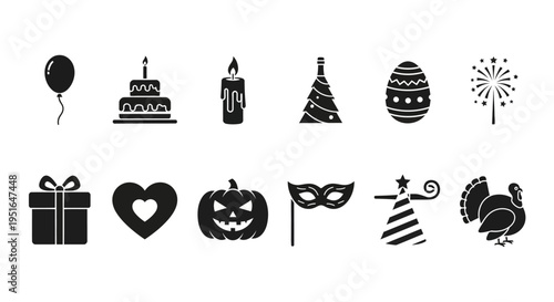 Diverse Collection of Holiday and Celebration Event Icons Vector Set for Festive Parties and Occasions Silhouette Symbols