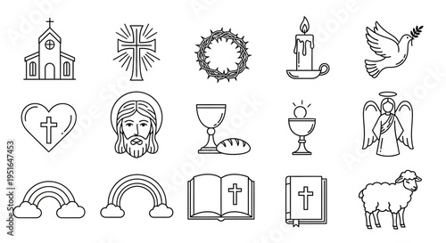 Collection of Religious Icons Cross, Jesus, Angel, Candle, Dove, Bible, and Church Symbols for Faith-Based Designs