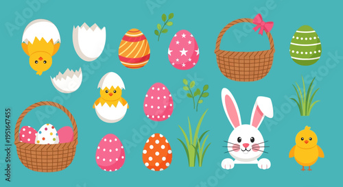 A vibrant collection of Easter-themed vector illustrations featuring decorated eggs, adorable chicks, a cute bunny, and festive baskets, perfect for spring holiday designs and celebrations