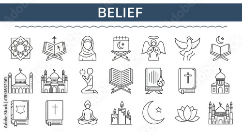 A comprehensive collection of line icons representing diverse religious beliefs and spiritual symbols, perfect for illustrating faith and spirituality
