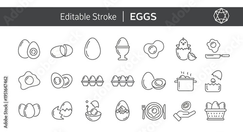 Comprehensive Vector Line Icons of Eggs From Raw to Cooked, Featuring Breakfast Dishes and Culinary Preparations with Editable Strokes