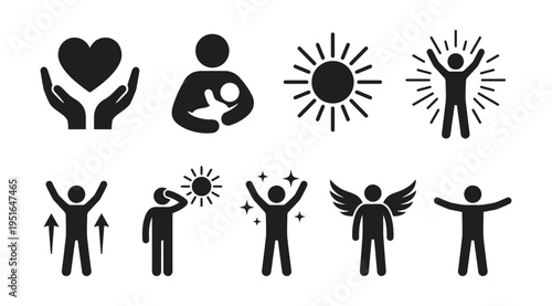 a collection of black silhouette icons depicting people and symbols, representing love, happiness, and positivity, ideal for use in graphic design, marketing materials, and educational resources