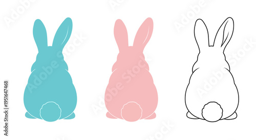 Three adorable bunny rabbit back views in blue, pink, and outline styles, perfect for Easter, spring, and children's designs, symbolizing joy and new beginnings