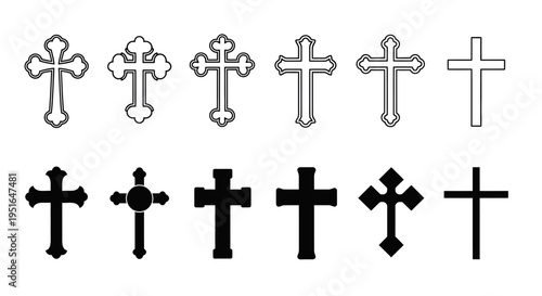 Diverse collection of religious cross icons showcasing various styles and designs, representing faith, spirituality, and cultural heritage